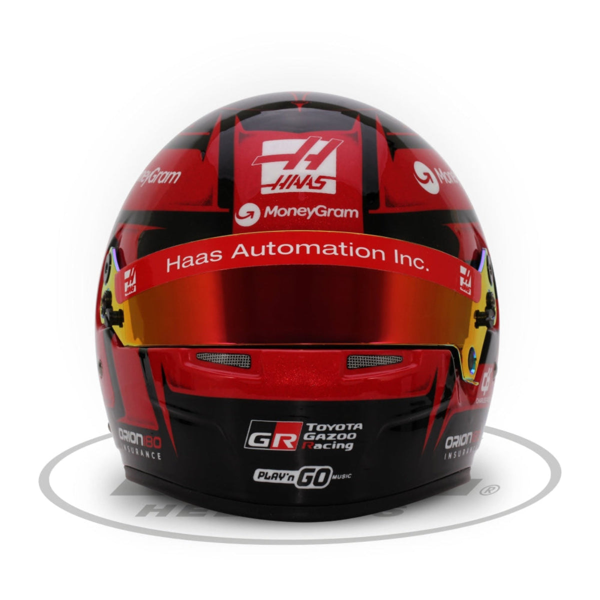 Bell 1:2 scale Haas F1 2025 mini helmet front view with visor down