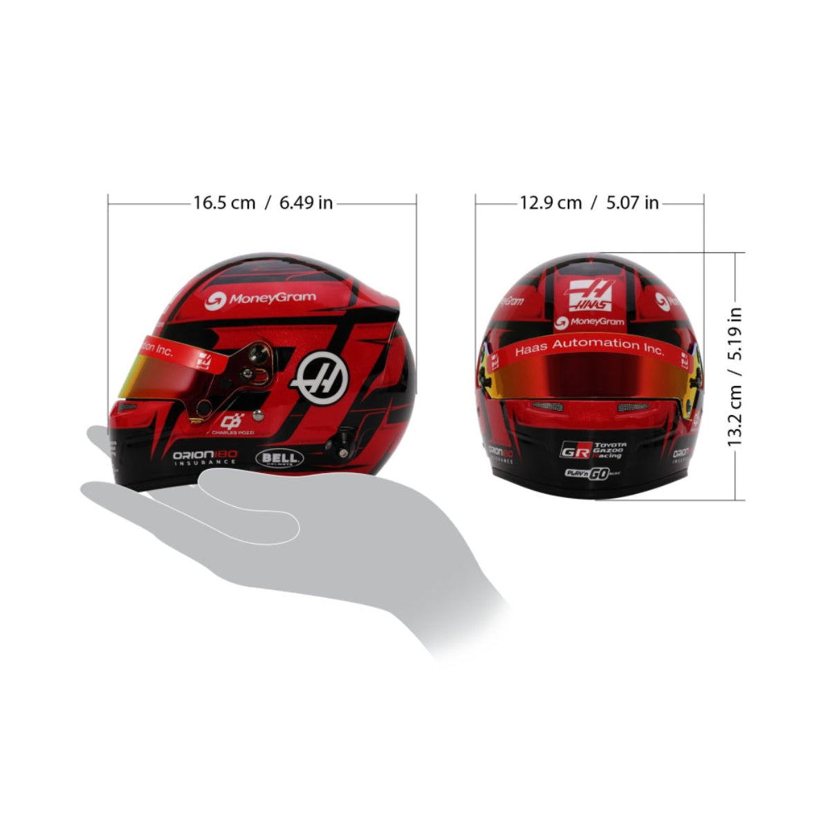 Bell 1:2 scale Haas F1 2025 mini helmet size reference with hand and measurements