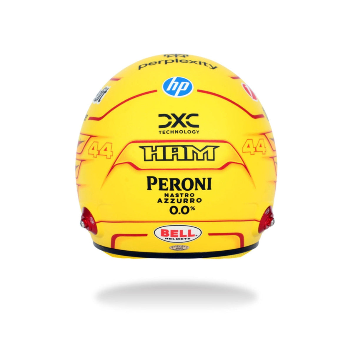 Bell 1:2 scale Lewis Hamilton 2025 Ferrari F1 mini helmet rear view with HAM text and number 44