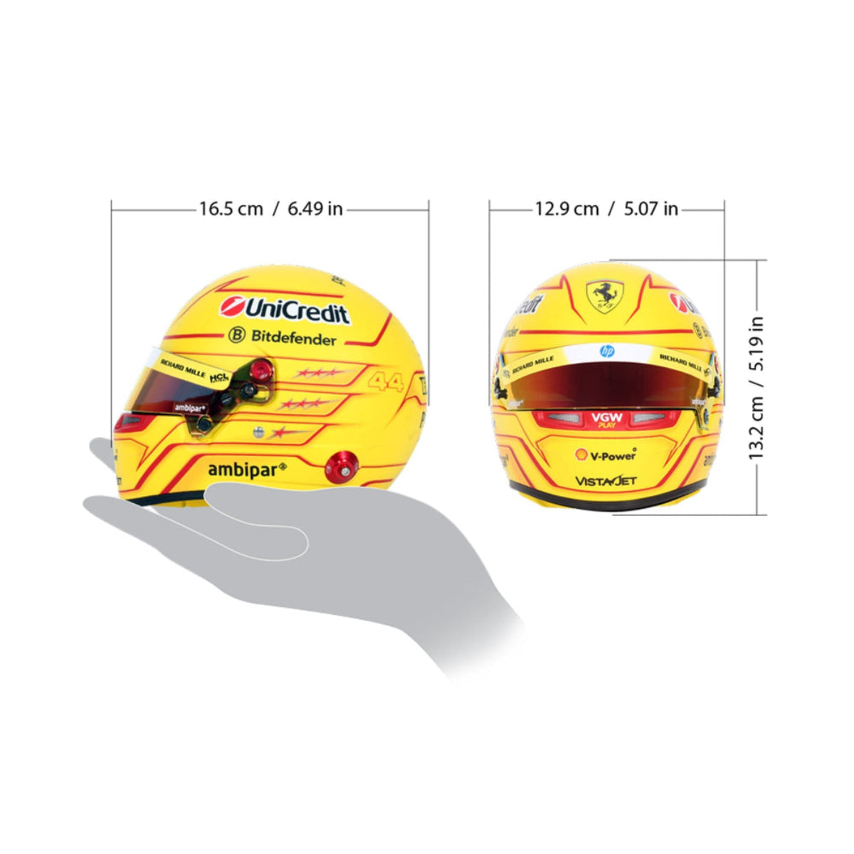 Bell 1:2 scale Lewis Hamilton 2025 Ferrari F1 mini helmet size reference with hand and measurements