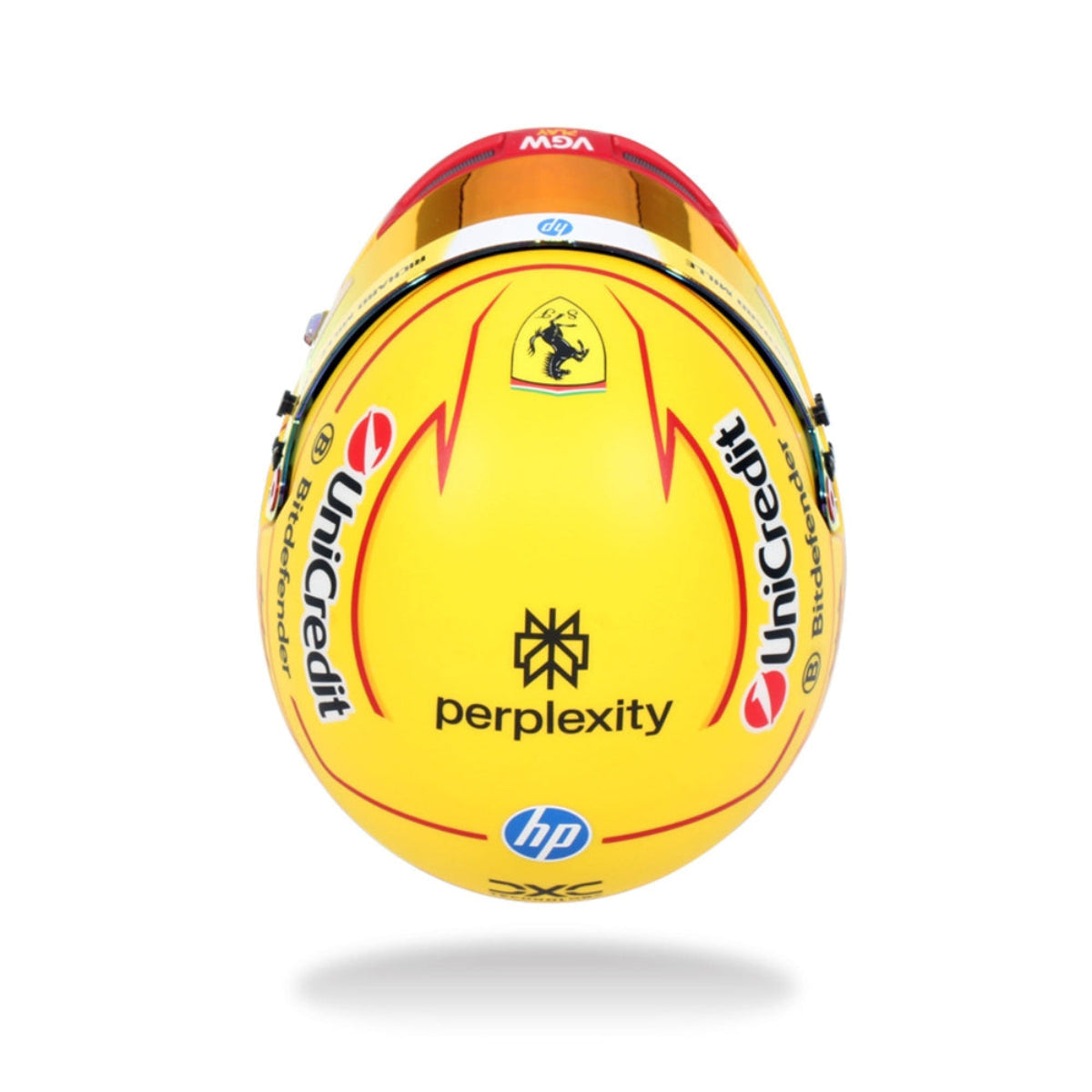 Bell 1:2 scale Lewis Hamilton 2025 Ferrari F1 mini helmet top view showing Ferrari crest and sponsor logos
