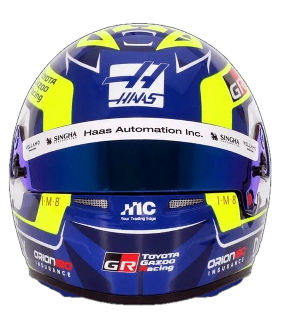 Bell Oliver Bearman 2026 F1 mini helmet front view with blue visor and Haas Formula 1 graphics