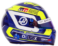 Thumbnail for ell Oliver Bearman 2026 F1 mini helmet right side view with blue, yellow and white Haas graphics