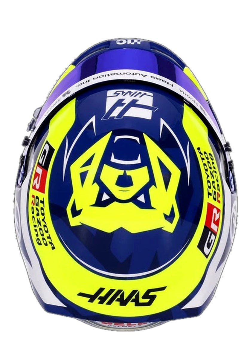Bell Oliver Bearman 2026 F1 mini helmet top view showing signature bear graphic and Haas design
