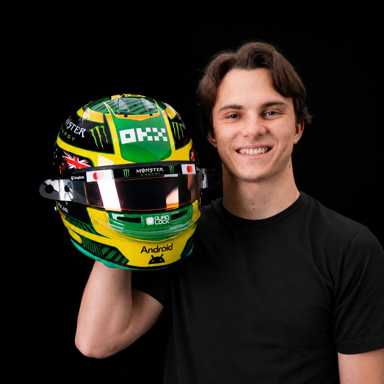 Oscar Piastri holding Bell 2026 Australian GP 1:2 scale mini helmet
