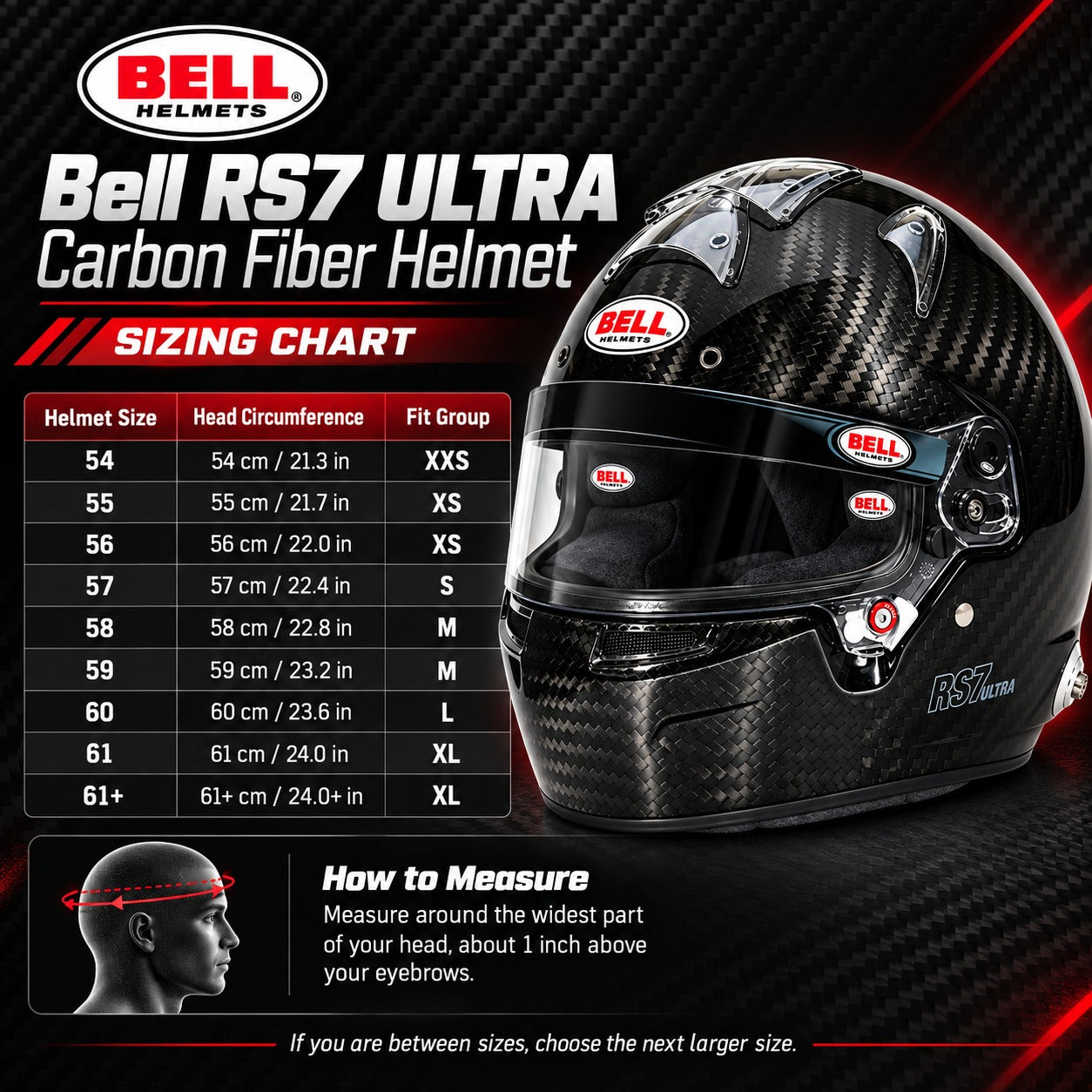 Bell RS7 ULTRA Carbon Fiber Racing Helmet sizing chart showing helmet sizes 54 through 61+, head circumference in centimeters and inches, XXS through XL fit groups, and proper head measuring instructions.