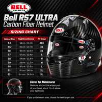 Thumbnail for Bell RS7 ULTRA Carbon Fiber Racing Helmet sizing chart showing helmet sizes 54 through 61+, head circumference in centimeters and inches, XXS through XL fit groups, and proper head measuring instructions.