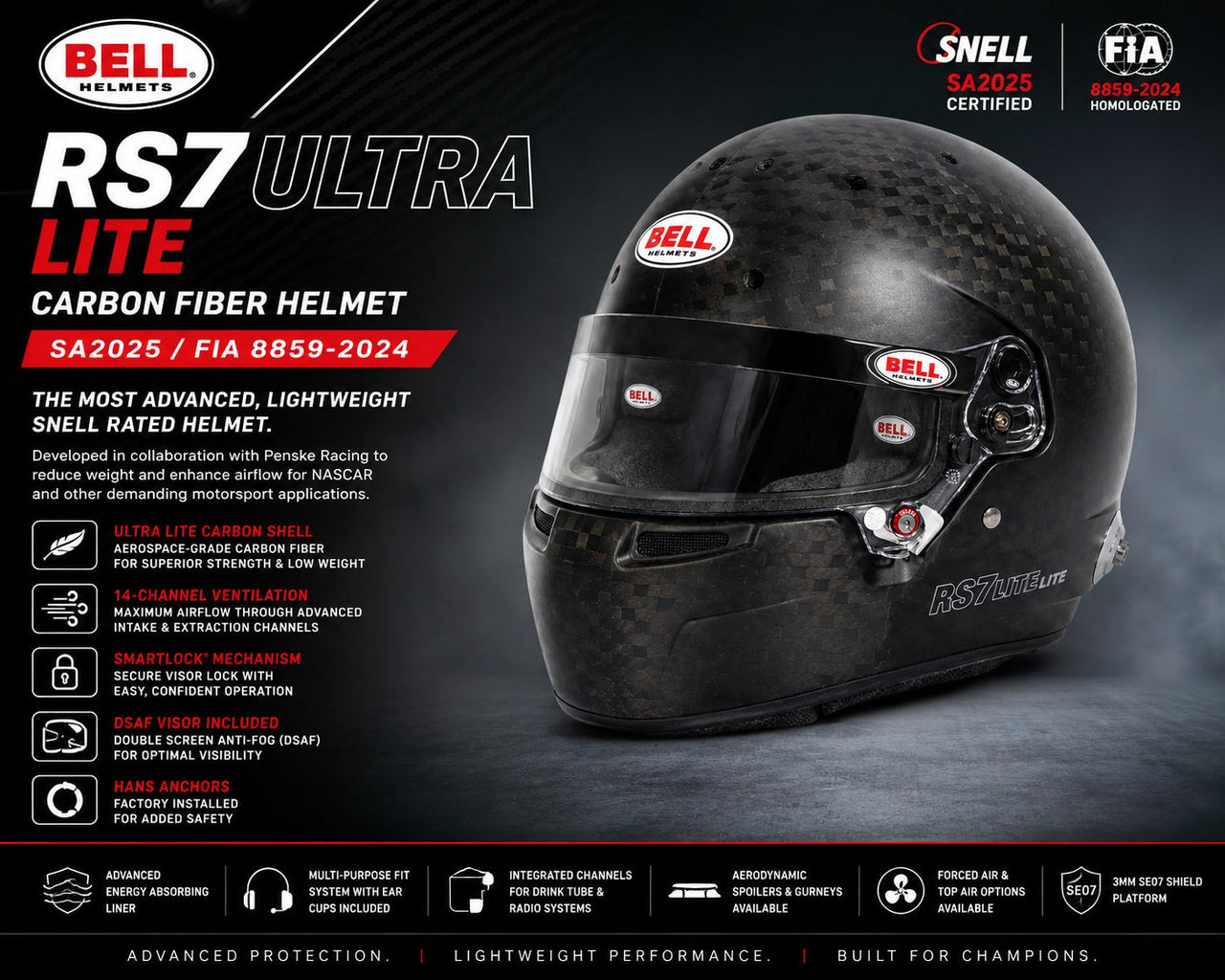 Bell RS7 Ultra Lite Carbon Fiber SA2025 racing helmet hero image highlighting lightweight carbon construction, ventilation, SmartLock visor, DSAF shield, and HANS anchors