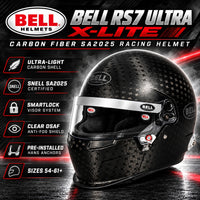 Thumbnail for Bell RS7 ULTRA X-Lite Carbon Fiber SA2025 Racing Helmet featuring ultra-lightweight carbon shell, SmartLock visor system, DSAF anti-fog shield, pre-installed HANS anchors, and Snell SA2025 certification.