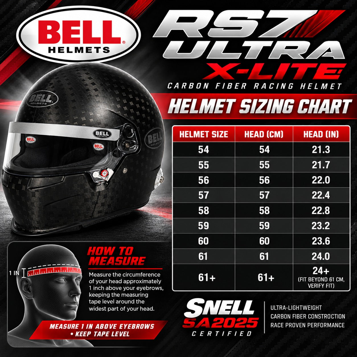 Bell RS7 ULTRA X-Lite Carbon Fiber SA2025 Racing Helmet sizing chart showing helmet sizes 54–61+, head circumference measurements in centimeters and inches, and instructions for measuring proper helmet fit.