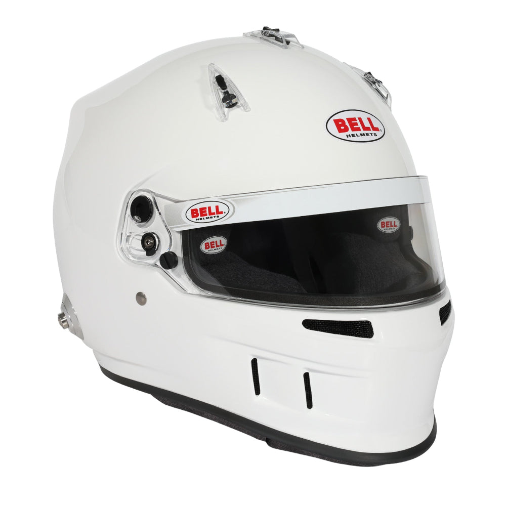 Bell XR7 Pro SA2025 white auto racing helmet, three-quarter front right view image