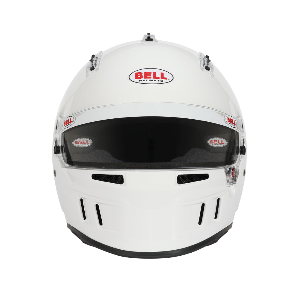 Bell XR7 Pro SA2025 white auto racing helmet, front view showing chin vents image