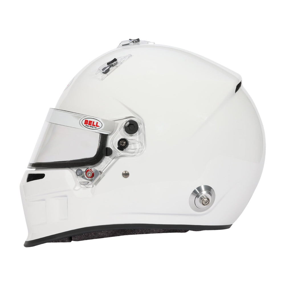 Bell XR7 Pro SA2025 white auto racing helmet, left-side profile with visor closed image