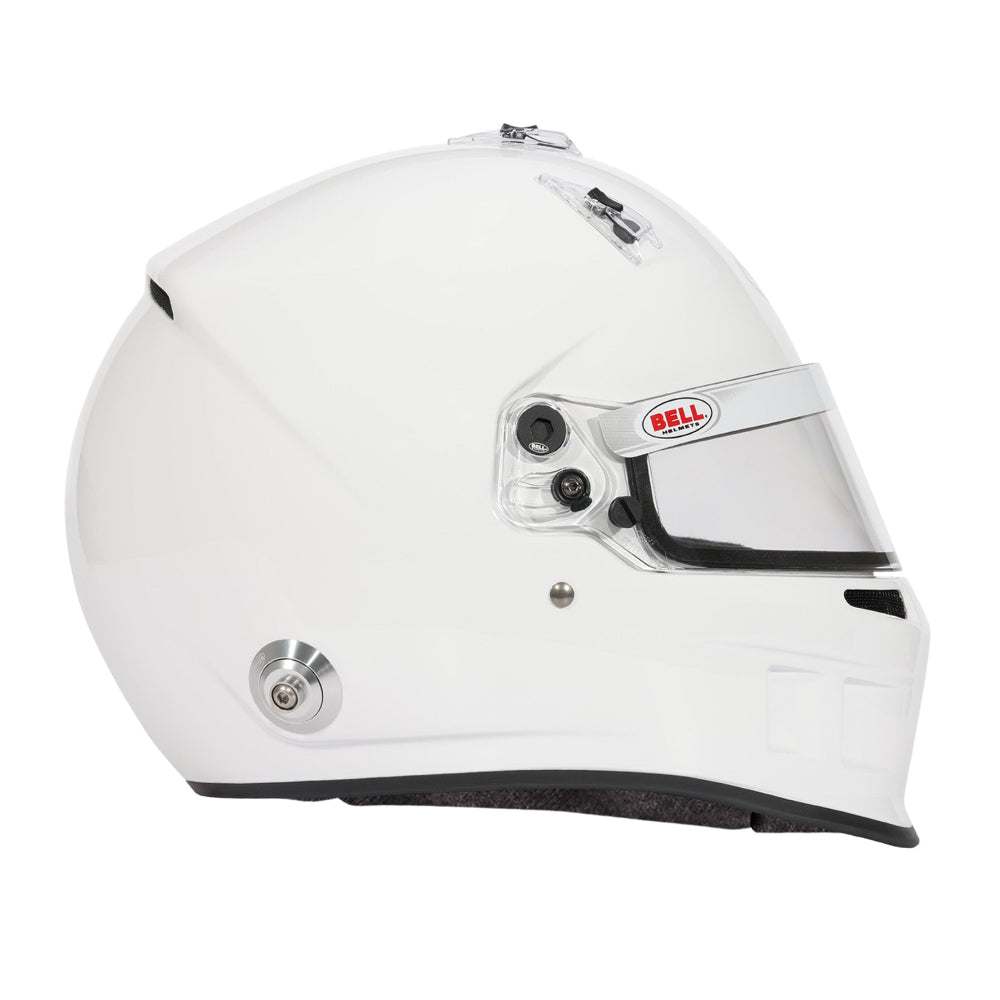Bell XR7 Pro SA2025 white auto racing helmet, right-side profile with shield hardware image
