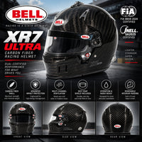 Thumbnail for Bell XR7 Ultra carbon fiber racing helmet shown on a dark promotional background with front, side, and rear views, plus certification badges and feature icons.