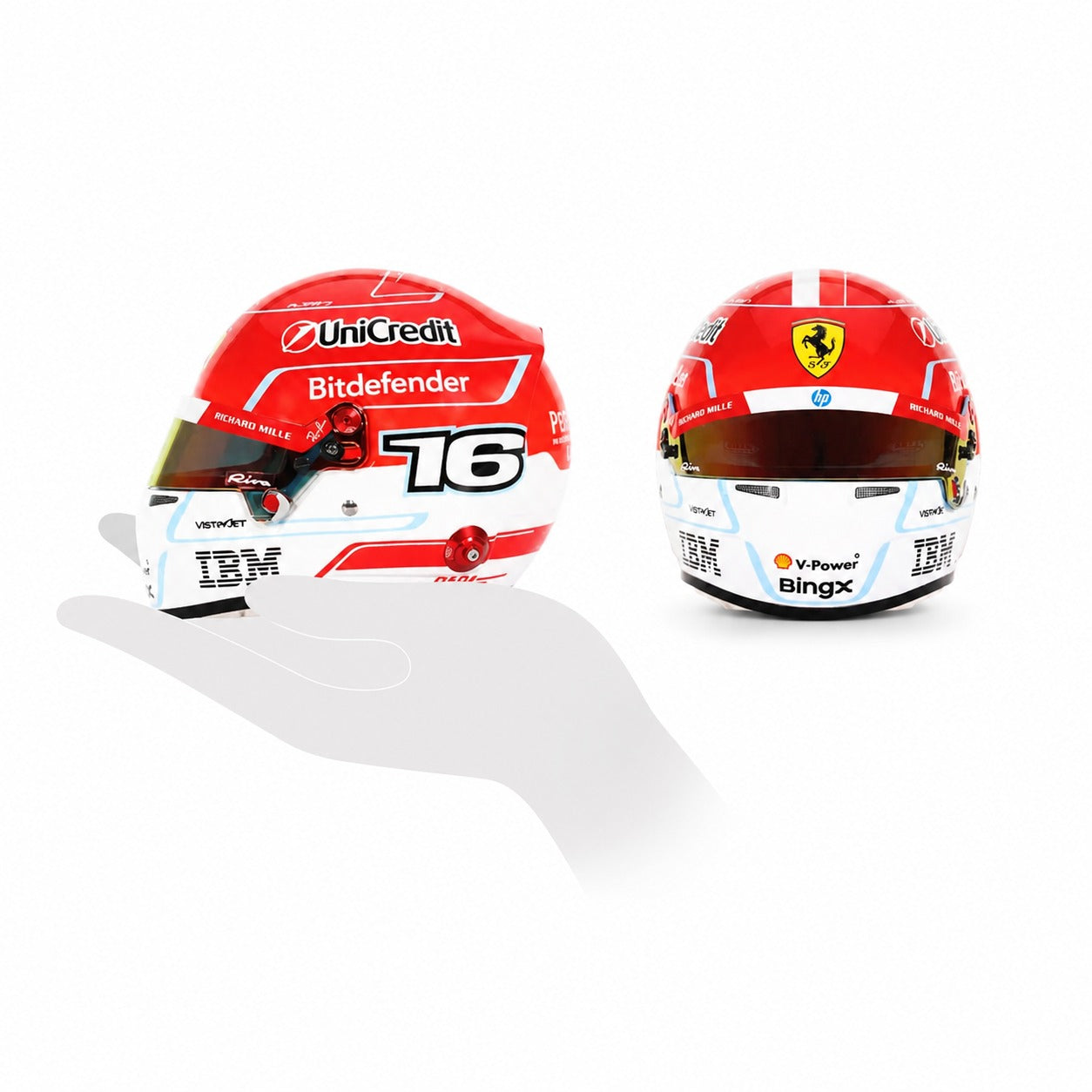 Charles Leclerc 2026 F1 mini helmet scale comparison showing side and front views on white background