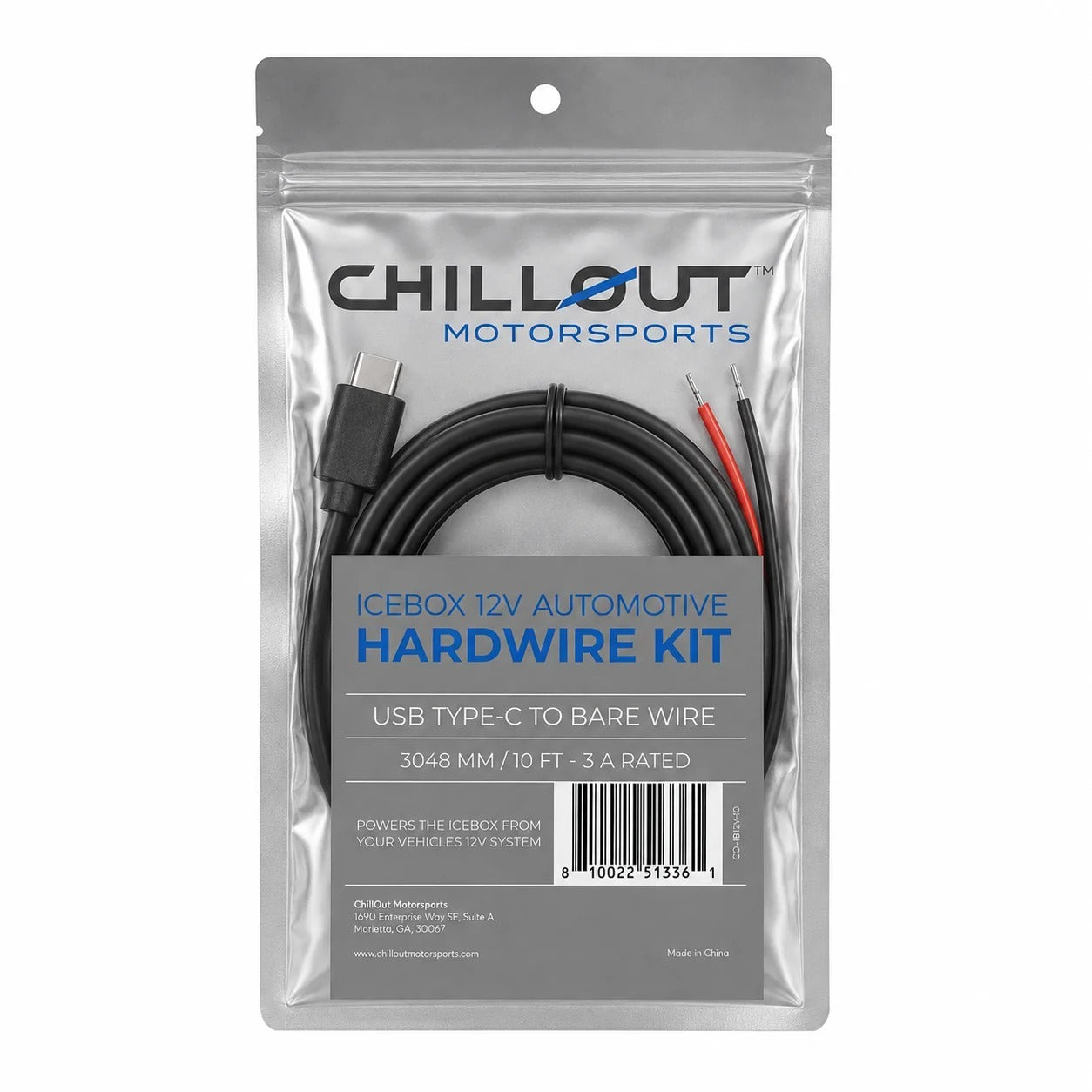 ChillOut Motorsports IceBox 12V Automotive Hardwire Kit in retail packaging with USB-C to bare-wire cable