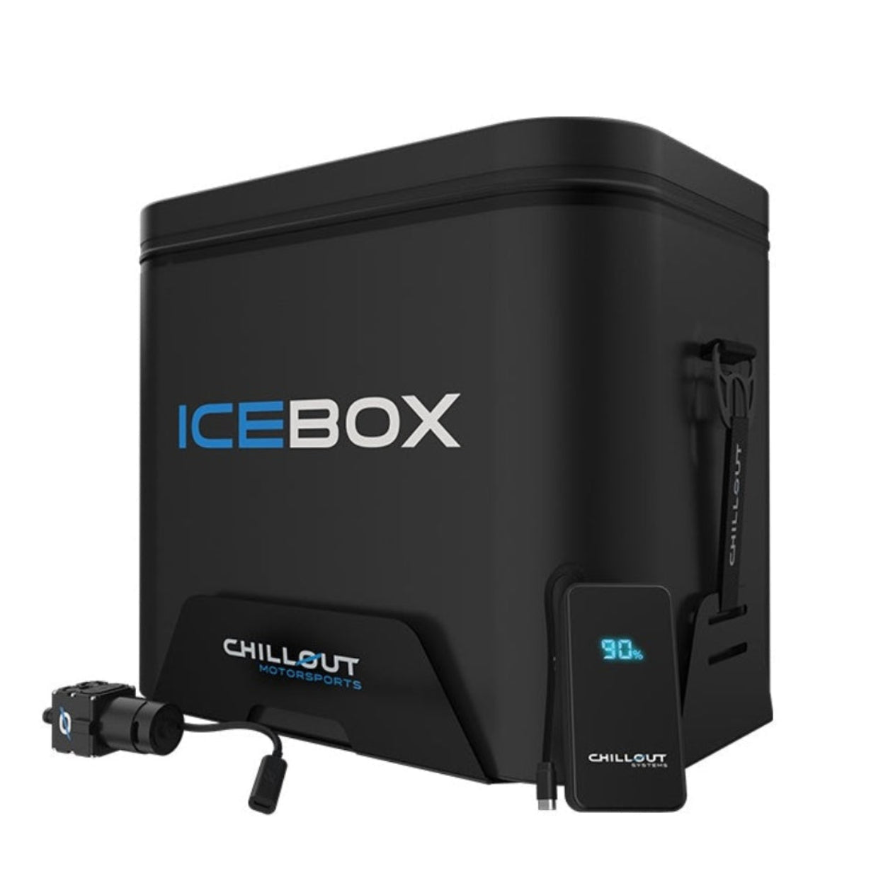 Chillout Systems IceBox Cooler System 17L side view with adjustable strap and black cooler body.