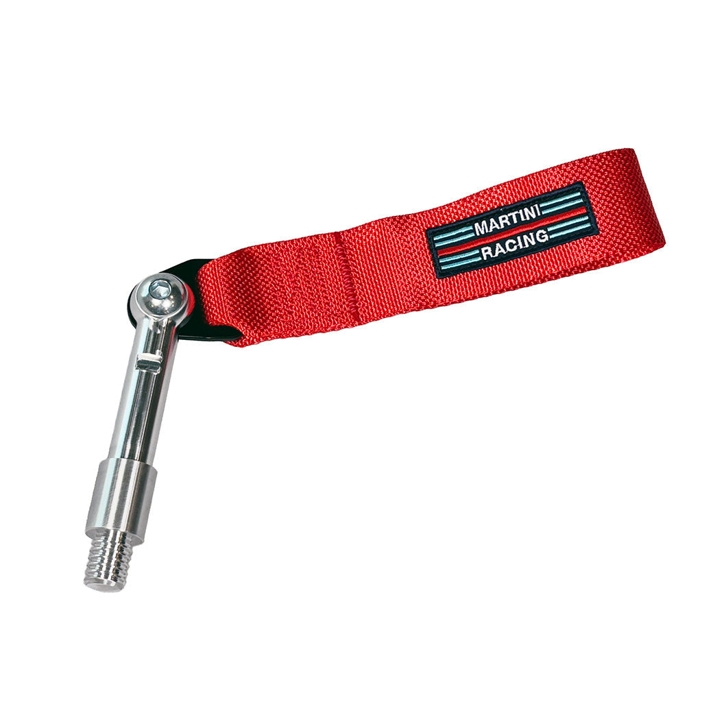 Red strap with Martini Racing logo attached to a CMS Performance fitting on a white background