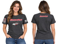 Thumbnail for A woman modeling a dark heather gray DiscoveryParts racing t-shirt, shown from both the front and back views against a light gray background.