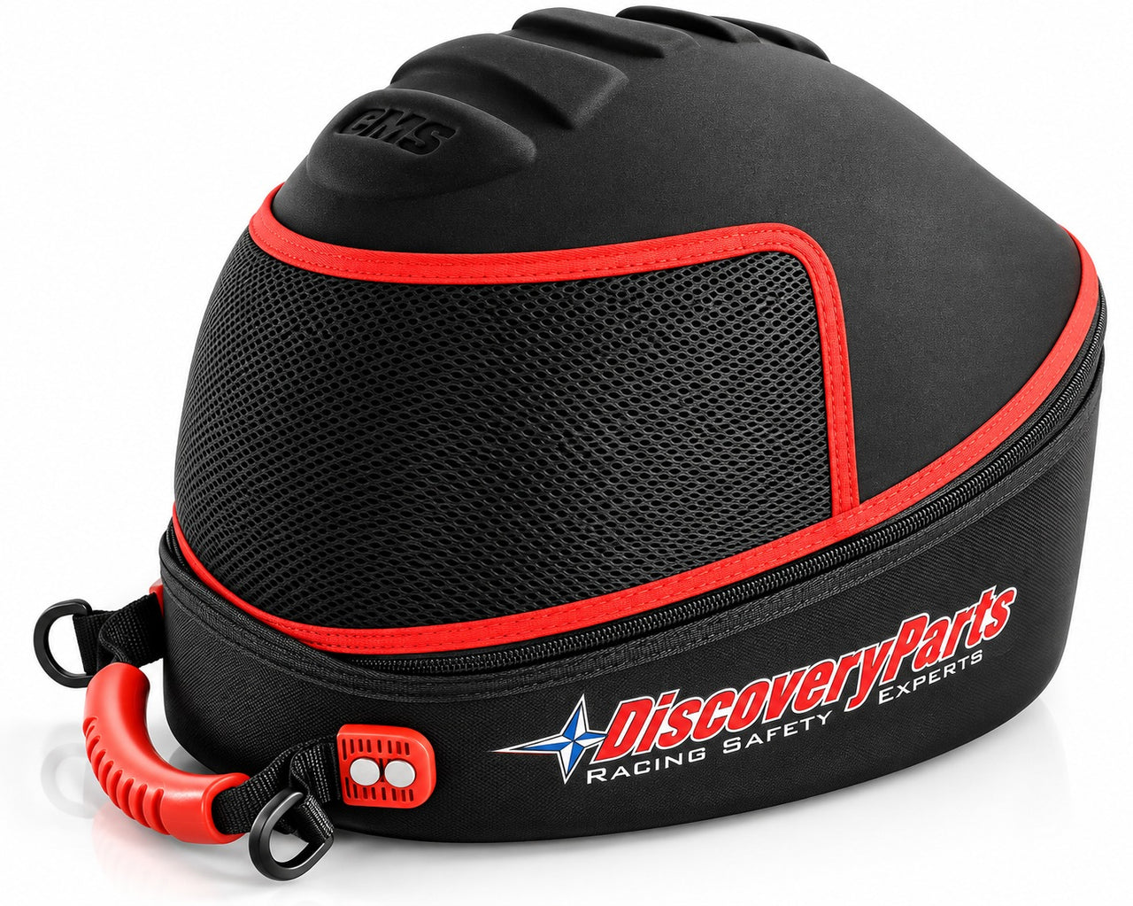 Discovery Parts EVO Racing Helmet Bag left-side view featuring black protective molded shell, red trim, breathable mesh ventilation panel, zippered closure, and red carrying handle