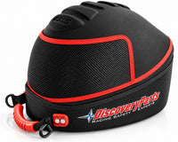 Thumbnail for Discovery Parts EVO Racing Helmet Bag left-side view featuring black protective molded shell, red trim, breathable mesh ventilation panel, zippered closure, and red carrying handle