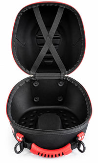 Thumbnail for Discovery Parts EVO Racing Helmet Bag open interior view showing protective padded lining, crossed helmet securing straps, molded cushioning, zippered closure, and red carrying handle.