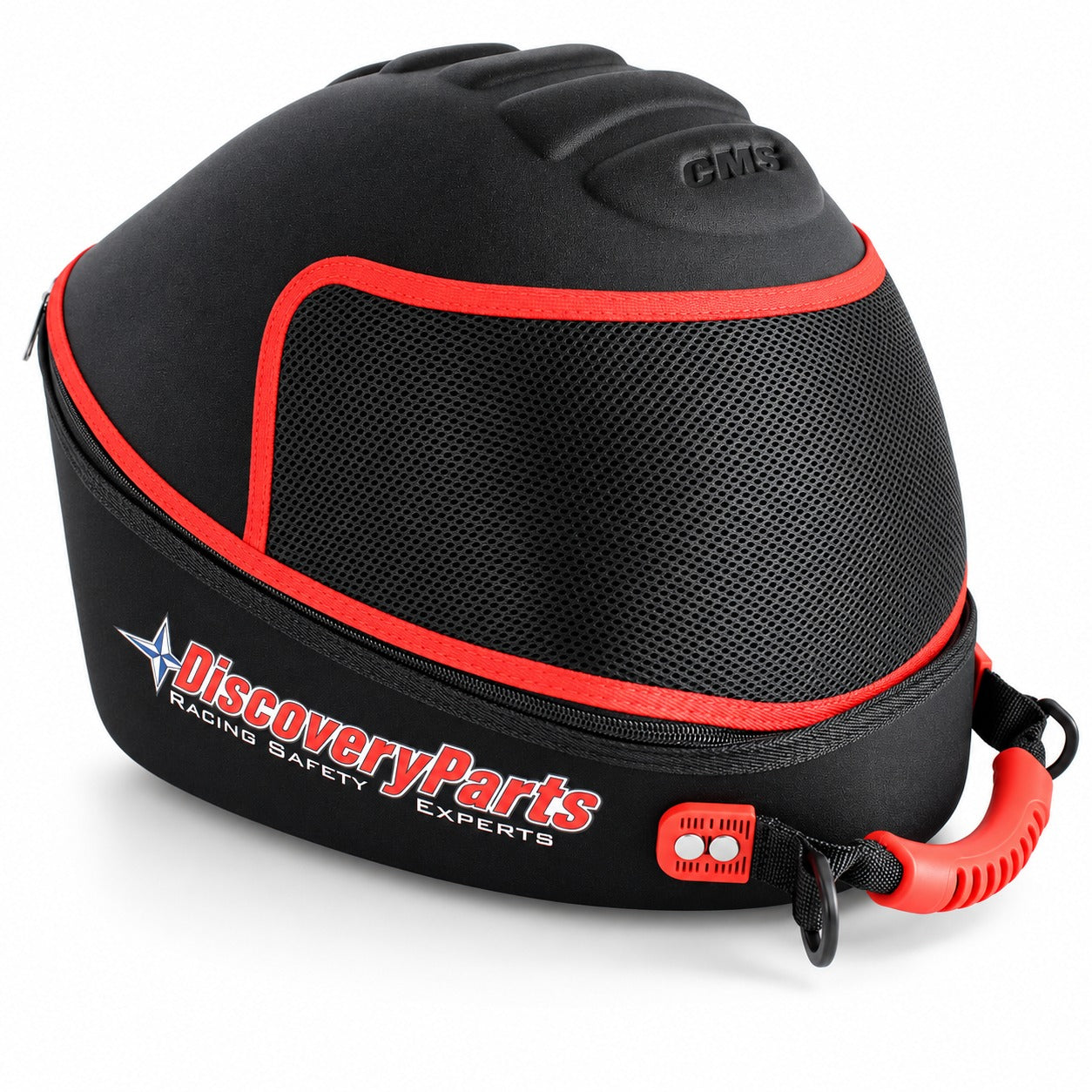 Discovery Parts EVO Racing Helmet Bag in black with red trim, protective molded shell, breathable mesh ventilation panel, zippered closure, and reinforced carrying handle.