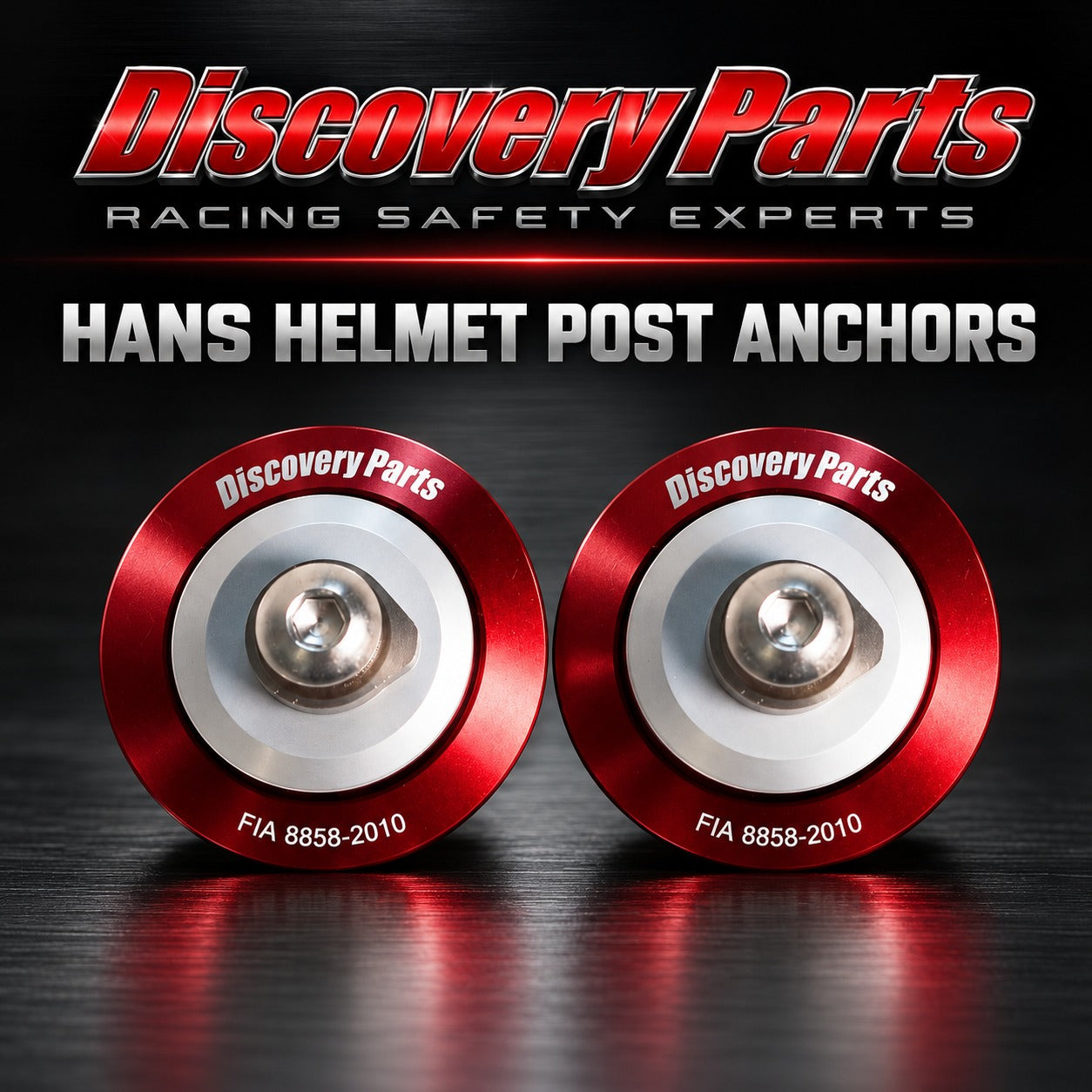Discovery Parts HANS Helmet Post Anchors – FIA 8858-2010 approved red anodized helmet anchors with laser-engraved Discovery Parts branding for SA2020 and newer racing helmets, set of two.
