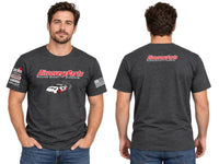 Thumbnail for A man modeling a dark heather gray DiscoveryParts Racing Safety Experts t-shirt, shown from both the front and back views against a light gray background.