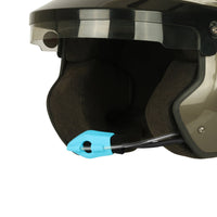 Thumbnail for Close-up of a helmet with a blue chin strap on a white background