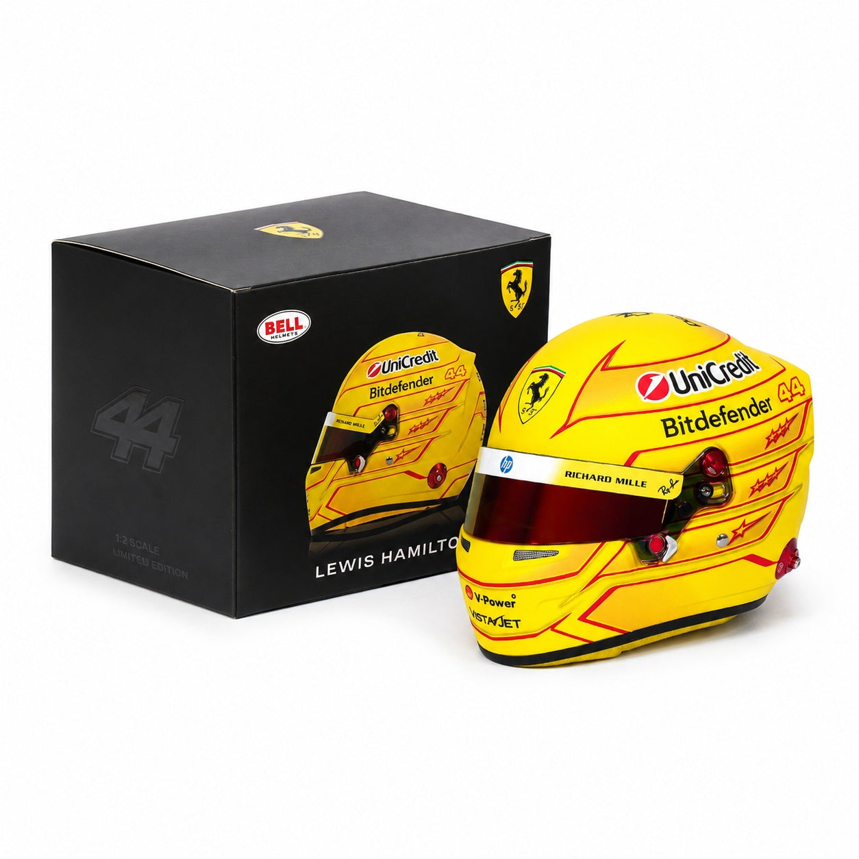 Lewis Hamilton 2026 F1 Bell 1:2 scale mini helmet with collectible box on white background
