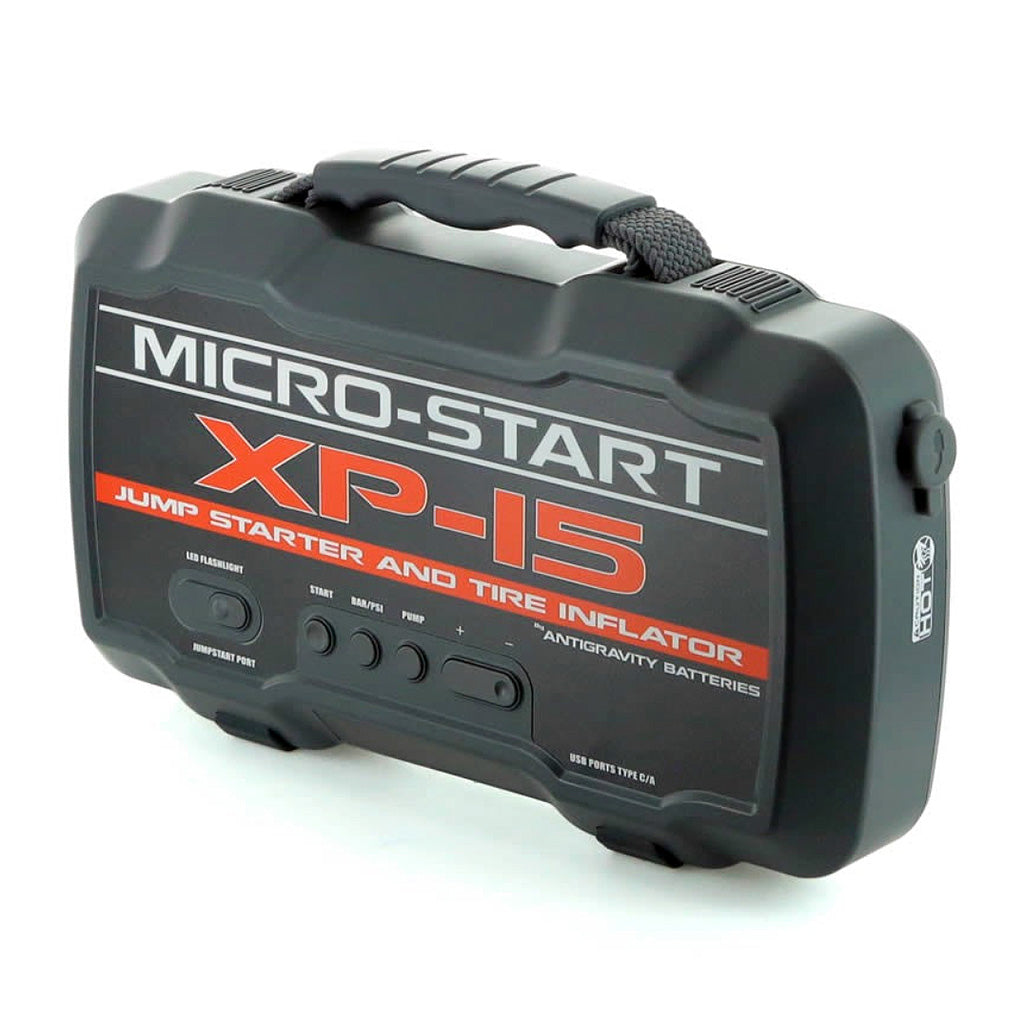 Micro-Start XP-15 jump starter and tire inflator on a white background