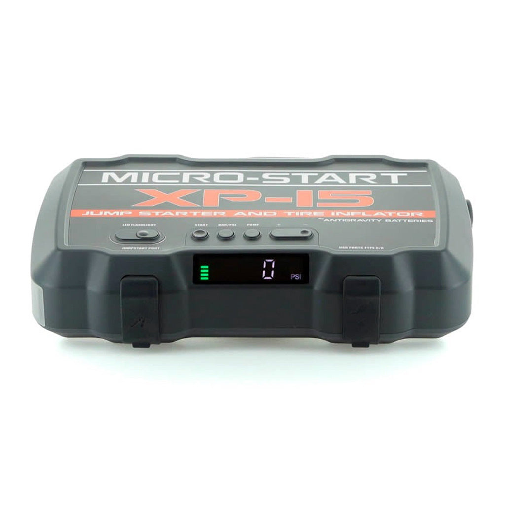 Micro-Start XP-15 jump starter digital display on a white background