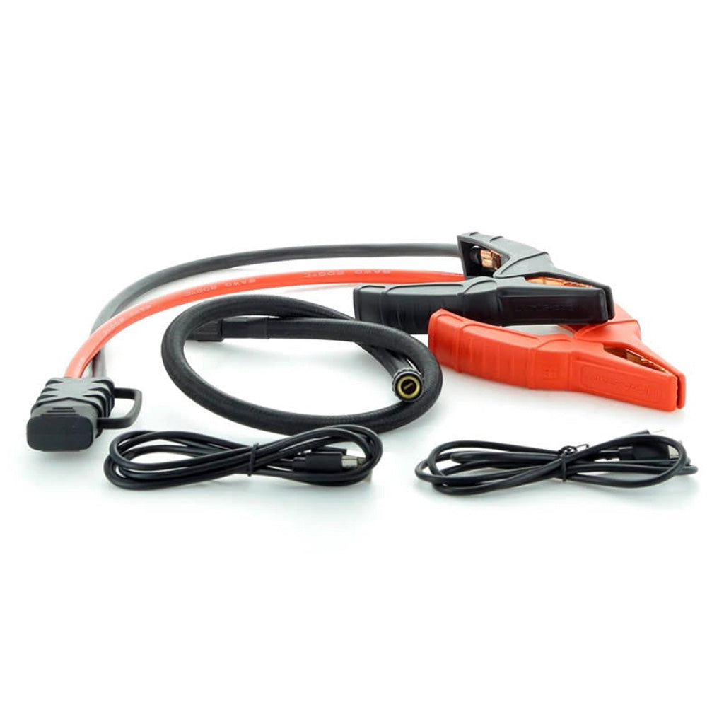 Set of jump starter cables with red clamps on a white background