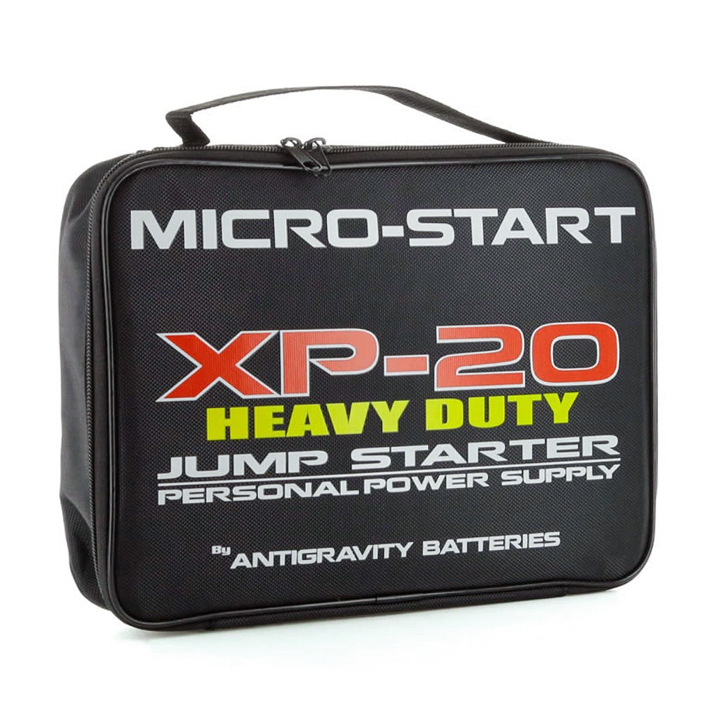 Black carrying case for Micro-Start XP-20-HD jump starter on a white background