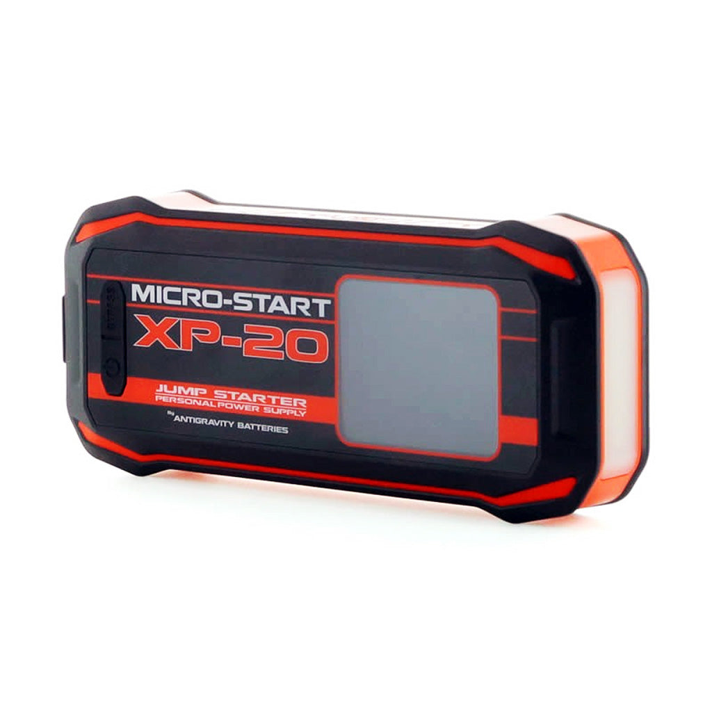 Black and orange jump starter with 'Micro-Start XP-20' branding on a white background