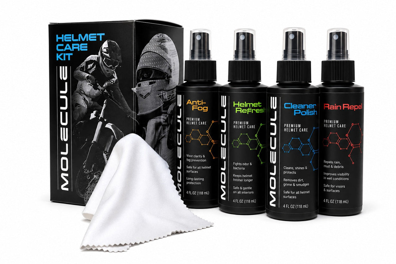 Molecule Helmet Care Kit with Anti-Fog, Helmet Refresh, Cleaner Polish, Rain Repel and microfiber cloth