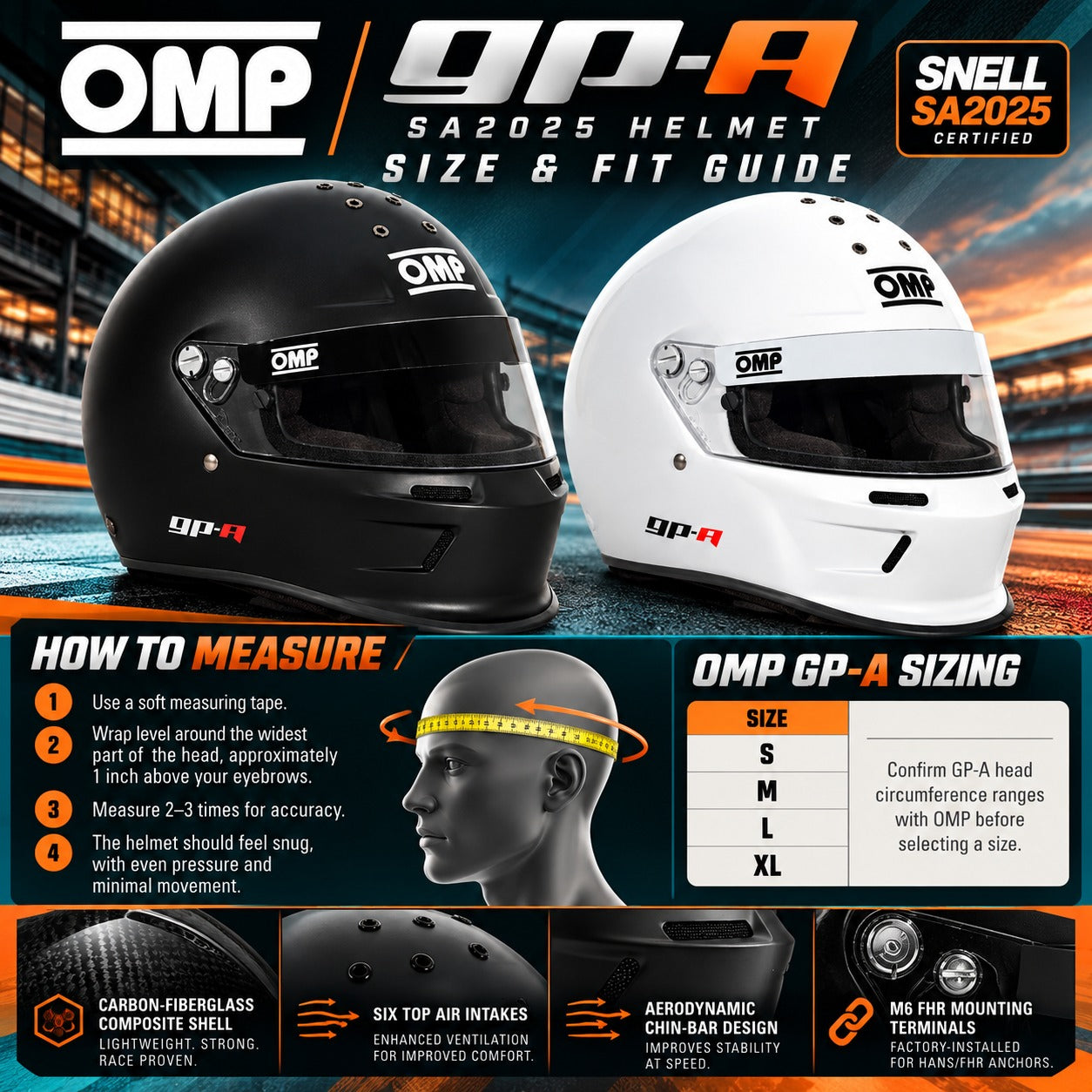 OMP GP-A SA2025 racing helmet size and fit guide featuring Matte Black and White helmets, sizes S through XL, head-measuring instructions, carbon-fiberglass construction, six upper air intakes, and M6 HANS mounting provisions.
