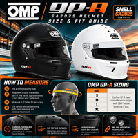 Thumbnail for OMP GP-A SA2025 racing helmet size and fit guide featuring Matte Black and White helmets, sizes S through XL, head-measuring instructions, carbon-fiberglass construction, six upper air intakes, and M6 HANS mounting provisions.