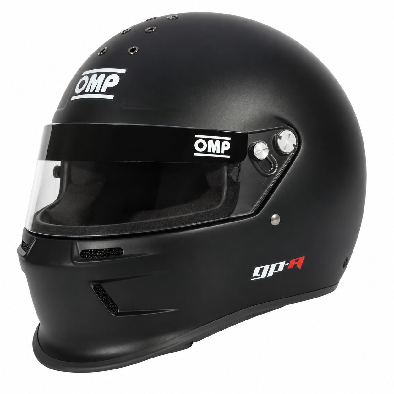 OMP GP-A SA2025 full-face racing helmet in Matte Black, shown from a front-left three-quarter angle featuring a lightweight composite shell, clear racing visor, OMP V1 shield system, upper ventilation ports, aerodynamic chin bar, and OMP branding on a clean white background.