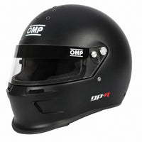 Thumbnail for OMP GP-A SA2025 full-face racing helmet in Matte Black, shown from a front-left three-quarter angle featuring a lightweight composite shell, clear racing visor, OMP V1 shield system, upper ventilation ports, aerodynamic chin bar, and OMP branding on a clean white background.