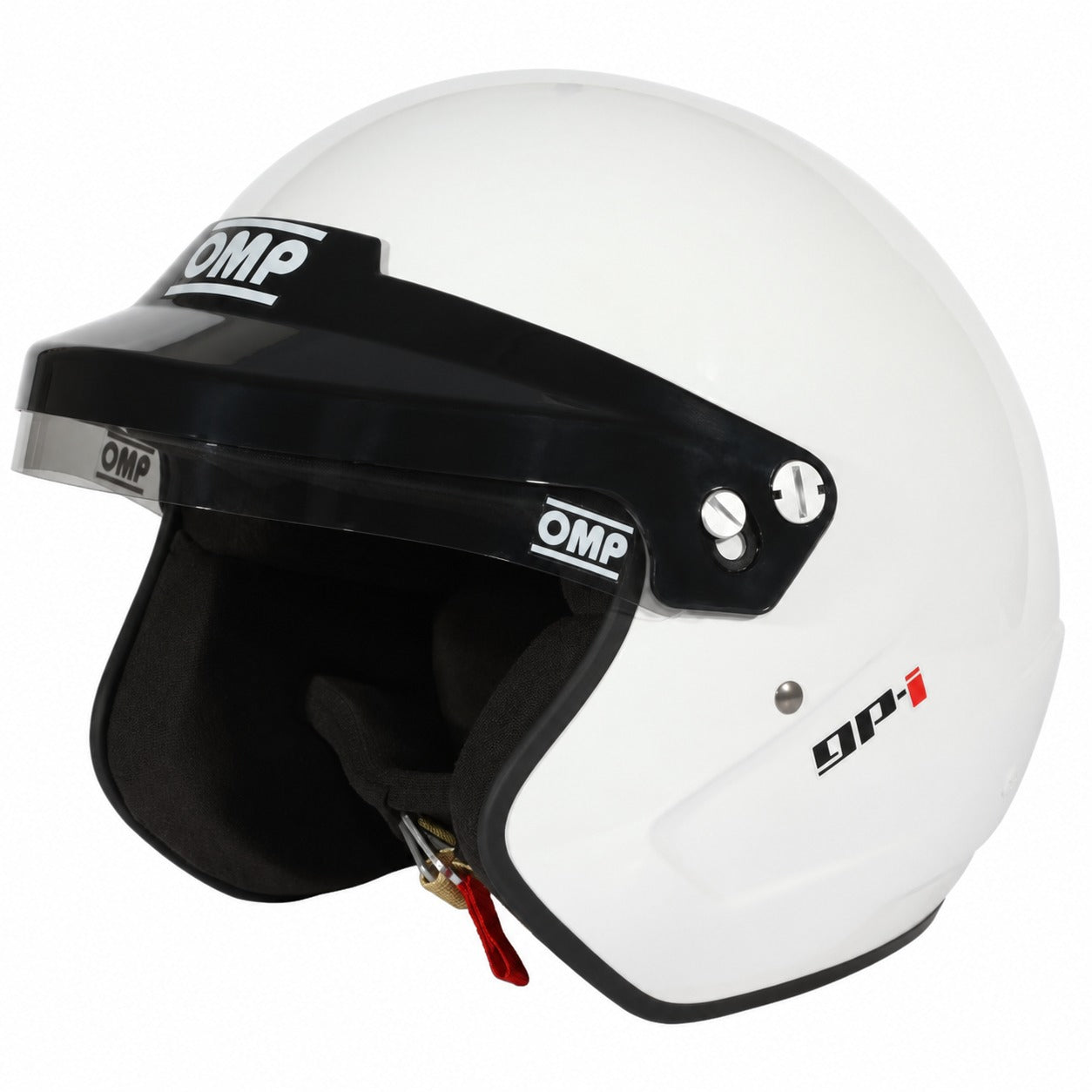 OMP GP-I Snell SA2025 Open-Face Racing Helmet in White – Opposite Side View with Black Adjustable Visor Peak