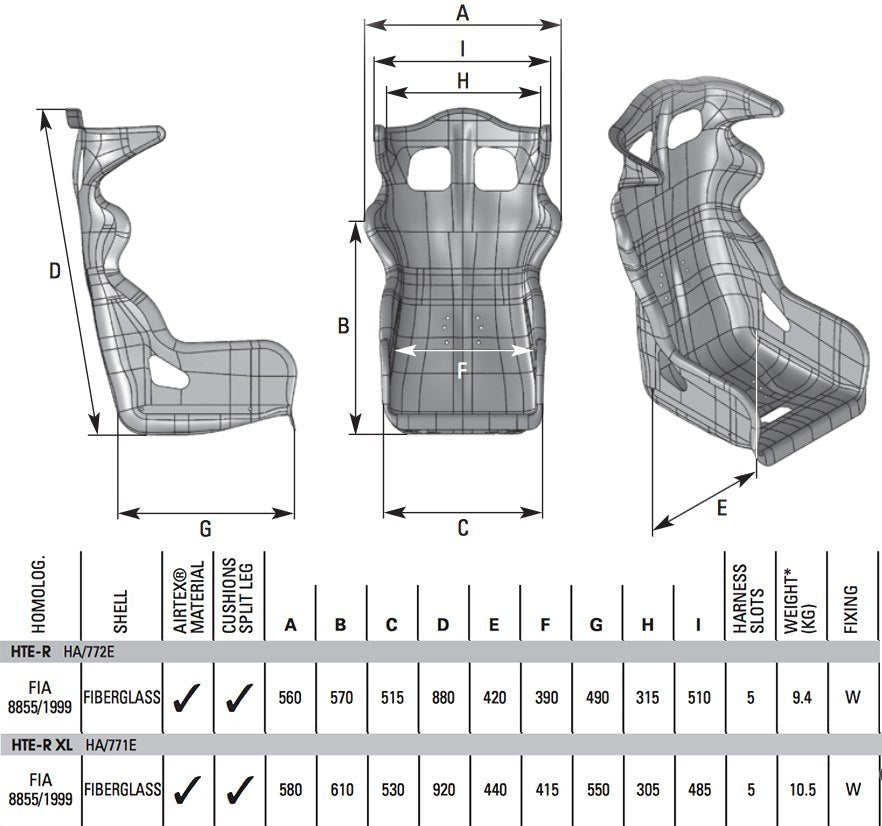 OMP-HTE-R-Racing-Seat-(Reg or XL) - Dimensions-Image