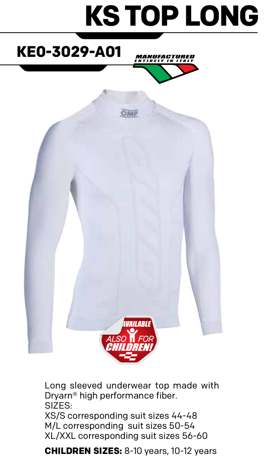 OMP Karting Long Sleeve Shirt in white with bullet points highlighting Dryarn fiber, 3D seamless knit, and breathable design