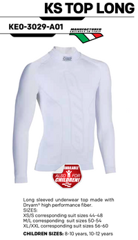 Thumbnail for OMP Karting Long Sleeve Shirt in white with bullet points highlighting Dryarn fiber, 3D seamless knit, and breathable design