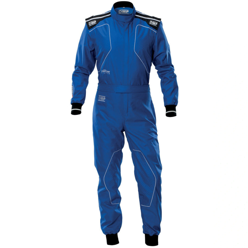 OMP KS-4 blue kart racing suit front view with white piping image