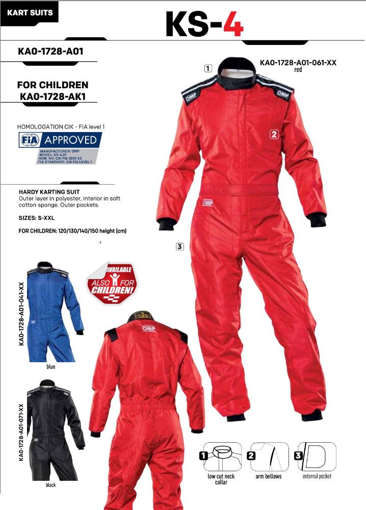 OMP KS-4 karting suit lineup in red, blue, and black – high-performance entry-level race suits