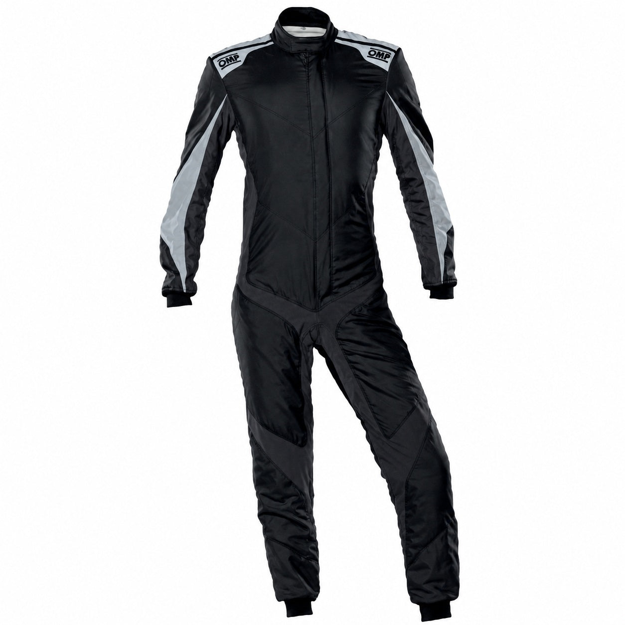 OMP One Evo X driver suit black front image on a clean white background