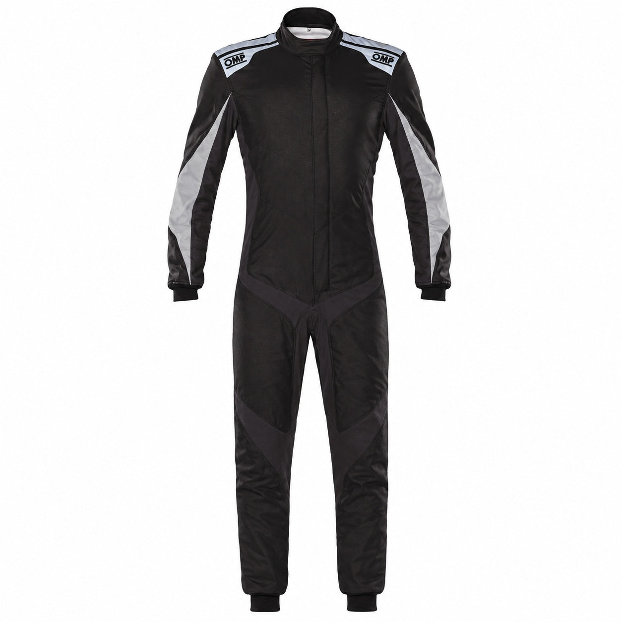 OMP One Evo X driver suit black silver front image on a clean white background